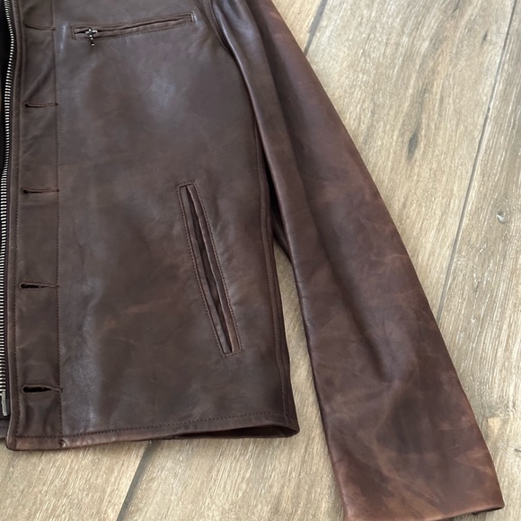 John Varvatos Leather Jacket Mens 48 Brown Leather Bomber Buttons double zip - Picture 5 of 16